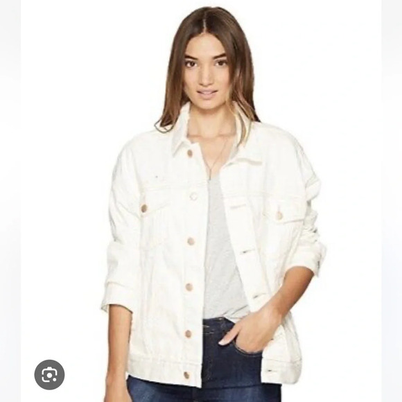 Free People Off White Denim Trucker Boyfriend Distressed Oversized Jacket XS - Picture 6 of 12